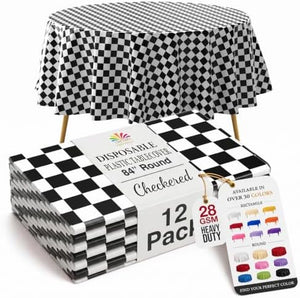 Round Black/White Checkered Plastic Table Covers | 12 Pack | 84 in.