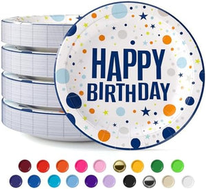 7 in. Blue Birthday Print Paper Plates | 50 Ct.