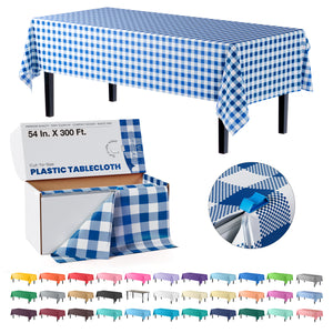 54 in. x 300 Ft. Cut to Size Plastic Table Cover | Blue Gingham | Case of 4