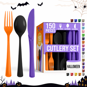 150 Pc. Halloween Plastic Cutlery Combo Set | Orange, Purple & Black