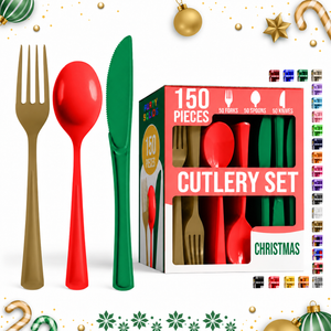 150 Pc. Christmas Plastic Cutlery Combo Set | Red & Green