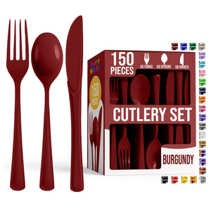 Burgundy Cutlery Combo Set | 50 Forks 50 Spoons And 50 Knives | 7.5 in.