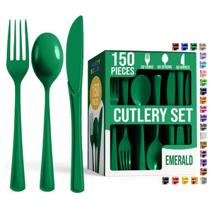 Emerald Green Cutlery Combo Set | 50 Forks 50 Spoons And 50 Knives | 7.5 in.