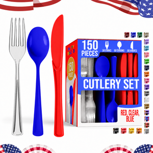 150 Pc. Patriotic Plastic Cutlery Combo Set | Red, Clear & Blue