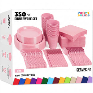 350 Pcs Pink Plastic Disposable Tableware Set