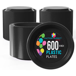 9 in. Black Plastic Plates | Case of 600