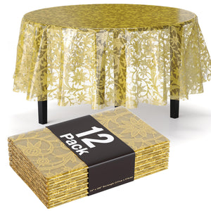 Round Gold Lace Plastic Table Covers | 12 Pack - 84 in.