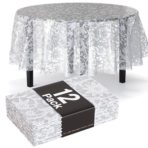 Round White Lace Plastic Table Covers | 12 Pack - 84 in.