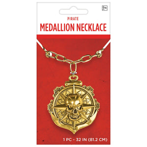 Pirate Compass Skull Medallion Necklace - 32" Gold Costume Accessory