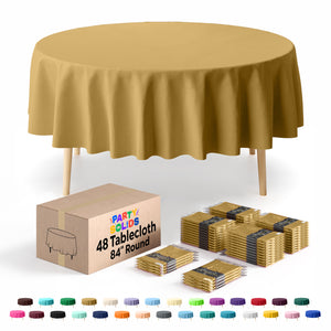 Gold Round Plastic Table Cover | 84 in. | Case of 48