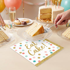 "Eat Cake!" Birthday Beverage Napkins - Gold & Pastel Confetti, 36-Pack - 5 In. X 5 In.