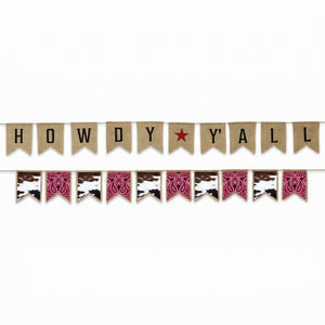 Western Howdy Y'all Banner Set - Reversible Burlap Party Decoration with Cowhide Bandana Garland, Pre-Strung Rustic Cowboy Rodeo Party Decor, 2 Piece, 6 ft