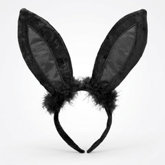 Black Marabou Bunny Ears Headband - Elegant Halloween Costume Accessory