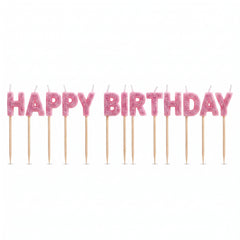 Glitter Pink "Happy Birthday" Candle Picks - 13 Piece Set