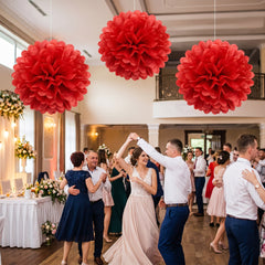 Vibrant Red Fluffy Tissue Pom Pom Decorations - 16-Inch, 3-Pack