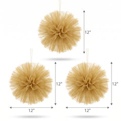 Gold Tulle Fluffy Pom Pom Decorations - 3 Pack
