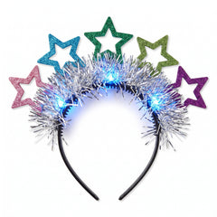 Starlight Light-Up Star Headband with Silver Tinsel for New Year's Eve