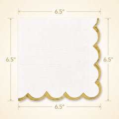 Elegant White Lunch Napkins - 6.5 In. x 6.5 In. with Gold Scalloped Edge