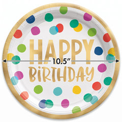 Multicolour Metallic Happy Dots Birthday Dinner Plates, 10.5-Inch, 8-Pack