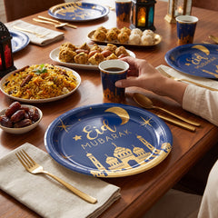 Eid Mubarak Round Plastic Serving Platter - Blue & Gold, 14"
