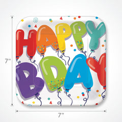 Colorful Balloon "Happy Bday" Square Paper Plates - 7-Inch, 18-Pack