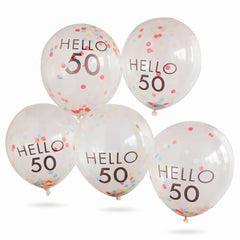 Vibrant Hello 50th Birthday Latex Balloons, Pink Confetti, 12-Inch, 5-Pack