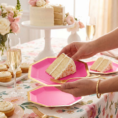 Bright Pink Hexagonal Metallic Paper Plates - 7"