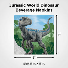 Jurassic World Dinosaur Beverage Napkins - 16 Pack, 2-Ply - 5 In. X 5 In.