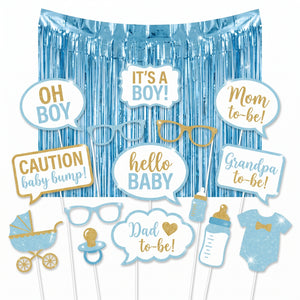 Glitter Baby Boy Shower Photo Booth Prop Kit with Blue Fringe Backdrop, 21-Piece Set