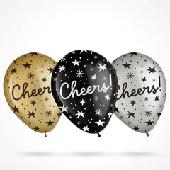 Cheers Star-Print Latex Balloons, Black/Gold/Silver, 11-Inch, 15-Pack