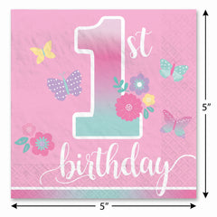 Butterfly Garden 1st Birthday Beverage Napkins - 5 In. X 5 In.