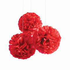 Vibrant Red Fluffy Tissue Pom Pom Decorations - 16-Inch, 3-Pack