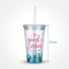 Sparkle "Good Vibes" Double Wall Tumbler with Straw, 12oz