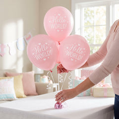 "Hello World" Pink Baby Shower Latex Balloons, 12-Inch, 15-Pack