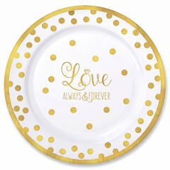 "Love Always & Forever" Gold Polka Dot Plastic Lunch Plates - 7.25", 20-Pack