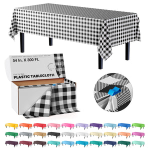 54 in. x 300 Ft. Cut to Size Plastic Table Cover | Black Gingham | Case of 4