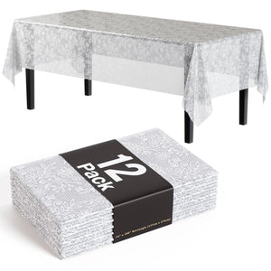 White Floral Plastic Table Covers | 12 Pack - 54 In. x 108 In.