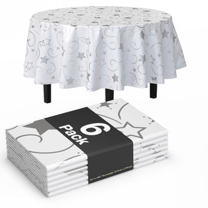 Round Silver Star Printed Plastic Table Covers | 6 Pack | 84 in.