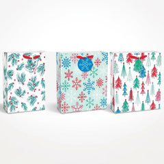 Festive Christmas Gift Bag - Trees, Holly & Snowflakes