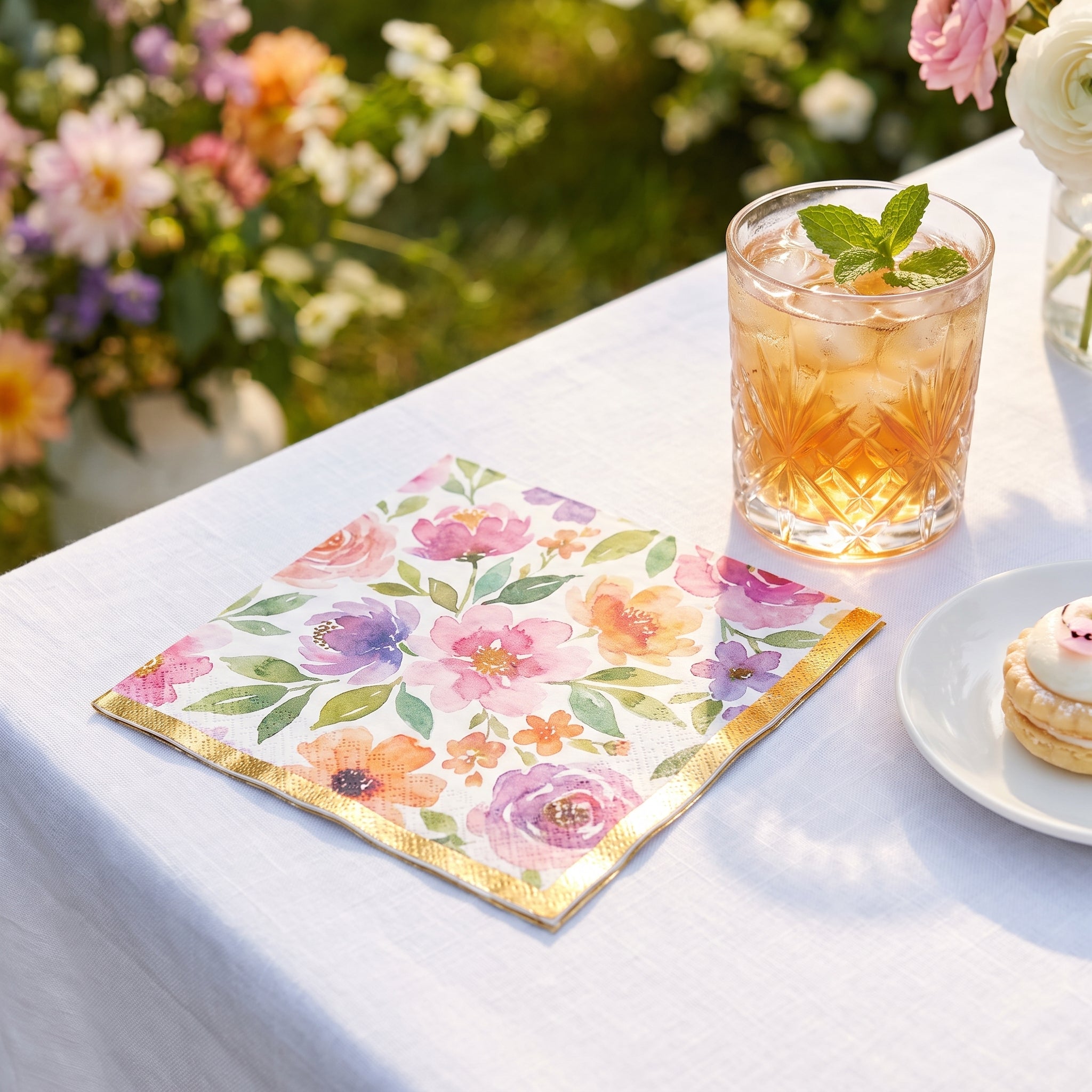Romantic Floral Lunch Napkins - 6.5 In. x 6.5 In. with Gold Trim - 16 Pack