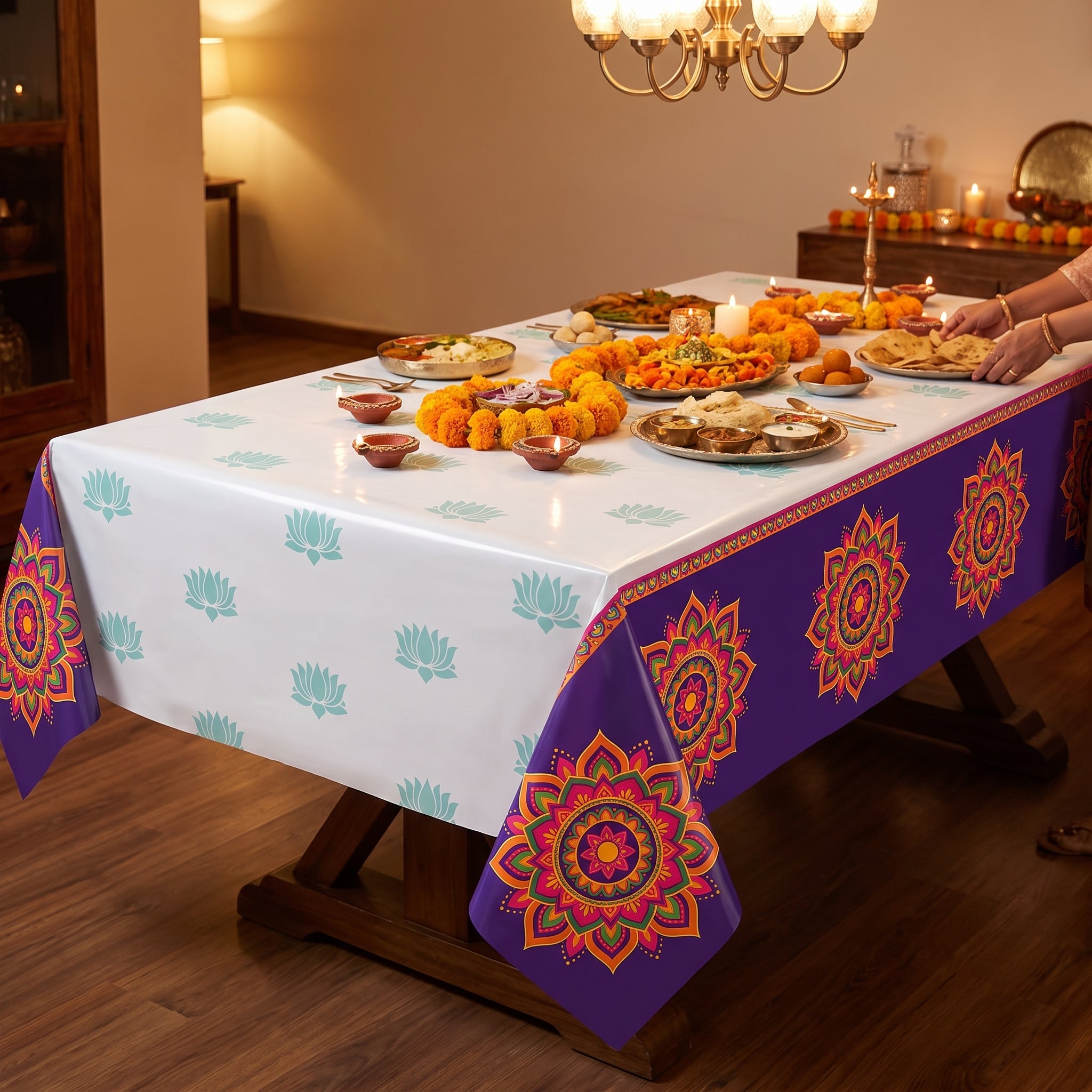 Diwali Rangoli Dream Reusable Plastic Table Cover, 54x102 inch
