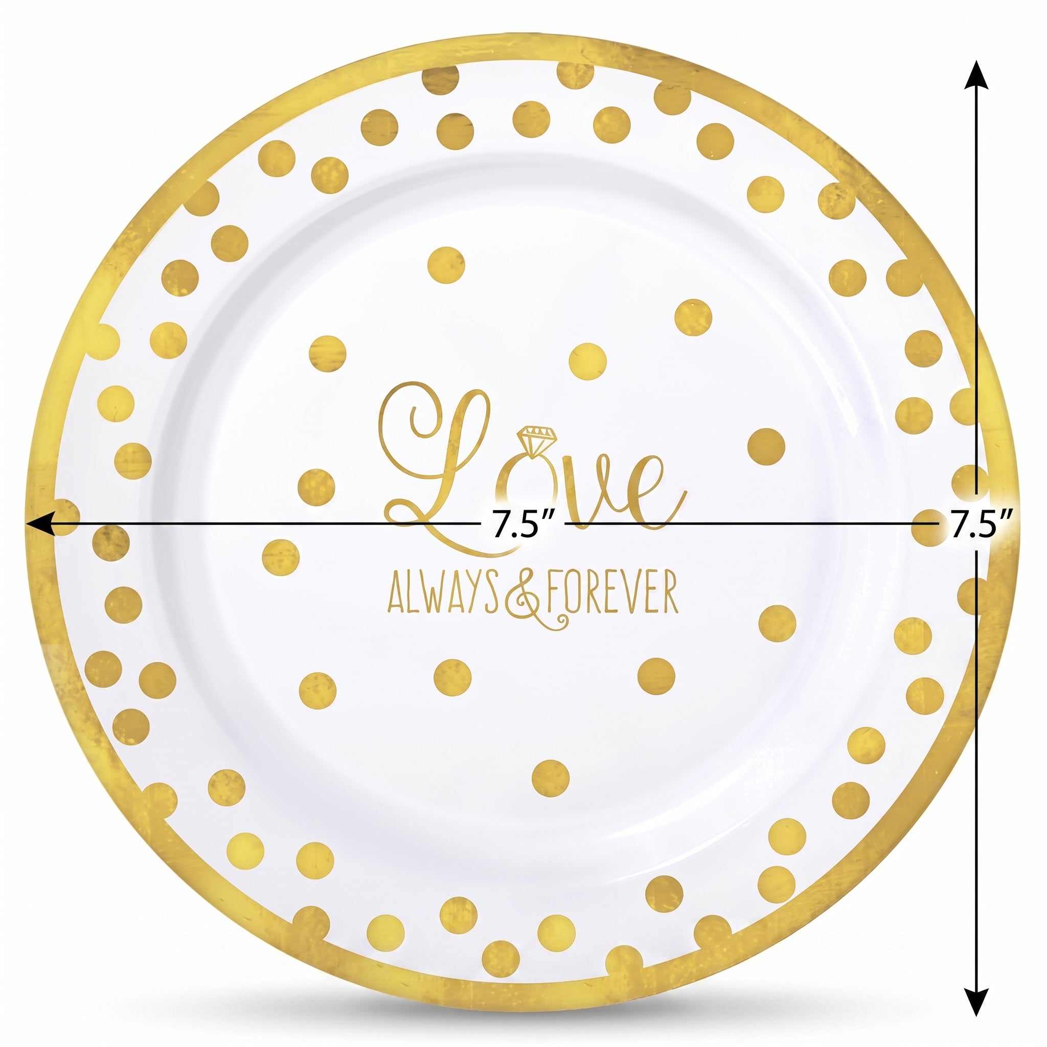 "Love Always & Forever" Gold Polka Dot Plastic Lunch Plates - 7.25", 20-Pack