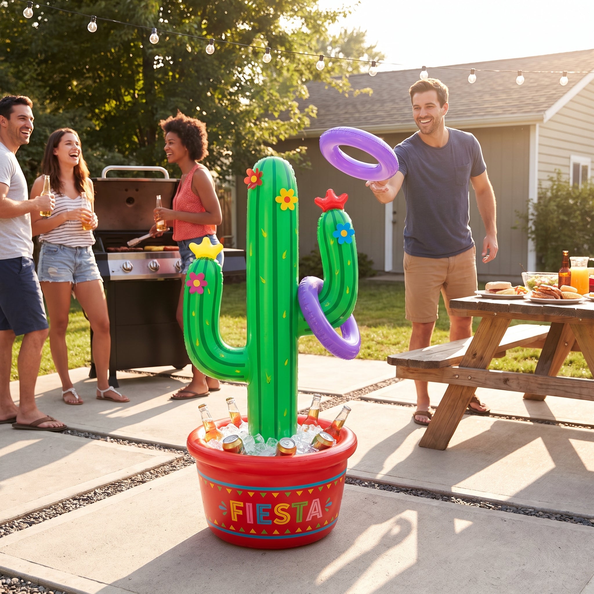 Jumbo Inflatable Cactus Cooler with Ring Toss Game - 54" Fiesta Fun