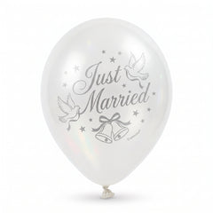 "Just Married" Wedding Latex Balloons, White/Silver, 12-Inch, 15-Pack