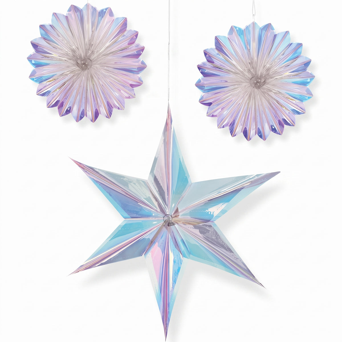Iridescent Star and Fan Hanging Decorations, 16-Inch, 3-Pack