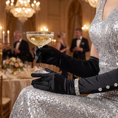1920s Black Satin Elbow Gloves with Rhinestone Bracelet