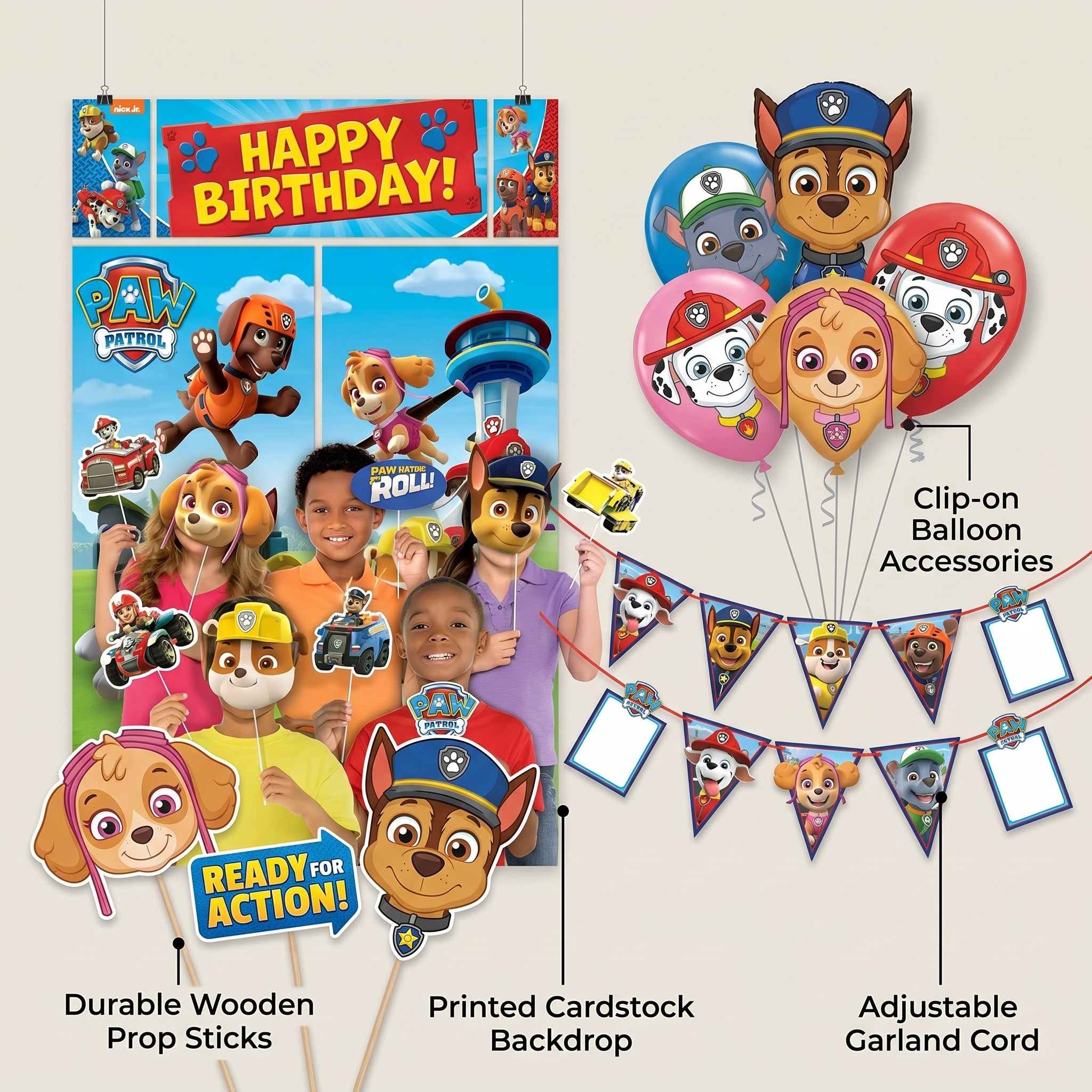 PAW Patrol Party Supplies Kit for 16 - Birthday Decorations with Happy Birthday Backdrop, Photo Booth Props, Photo Garland, Plates and Napkins