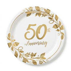 50th Anniversary Round Metallic Paper Plates, 7-Inch, 8-Pack