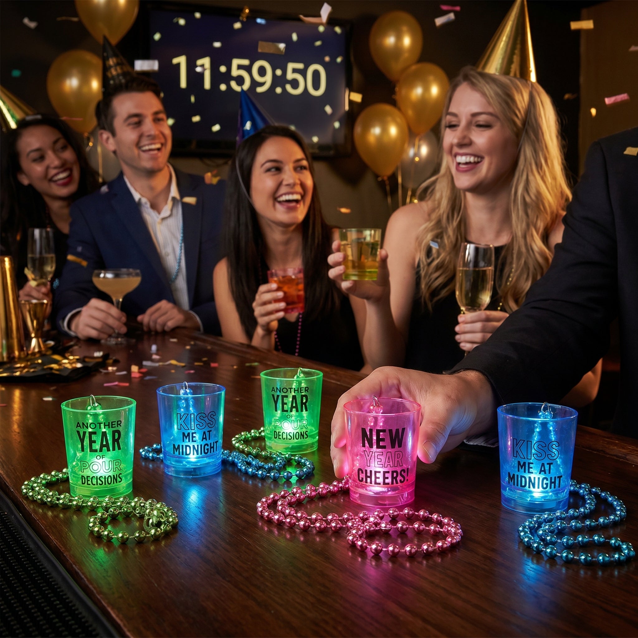 Light-Up New Year's Eve Shot Glass Necklaces, 6-Pack