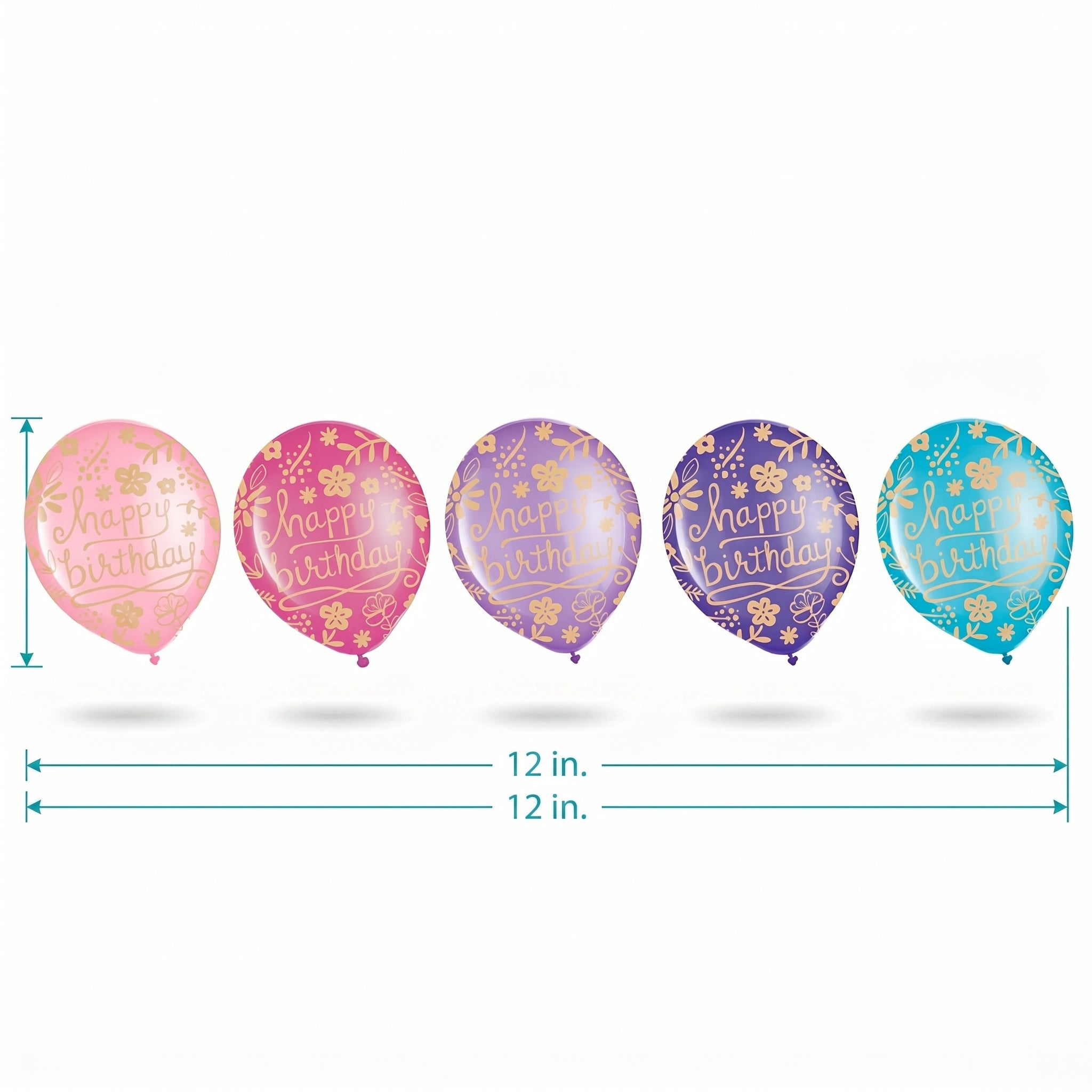 Happy Birthday Floral Latex Balloons - Gold Print Assorted Pink Purple Blue Teal 12-Inch 20-Pack for Elegant Birthday Party Decorations